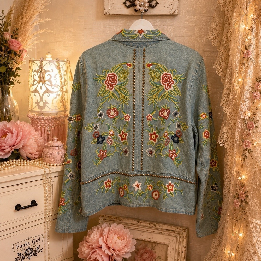 Aratta Lucinda Embroidered Denim Motorcycle Jacket Boho Festival Victorian - Picture 4 of 6